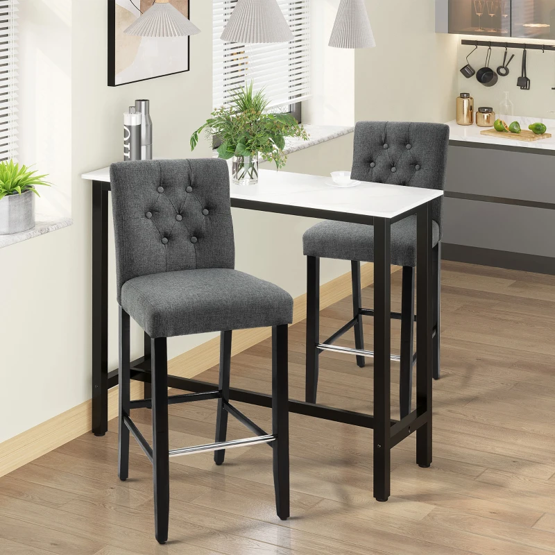 HOMCOM 2 Piece Bar Height Barstools, 30 Inches Linen Upholstered Breakfast Stools, Bar Chairs with Back, Footrest and Solid Wood Leg, Armless Seat for Kitchen, Dining Room, Grey
