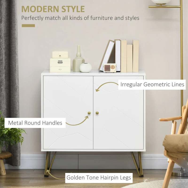 HOMCOM Freestanding Storage Cabinet with Doors, Cupboard Organization with Golden Hairpin Legs and Adjustable Shelves, White