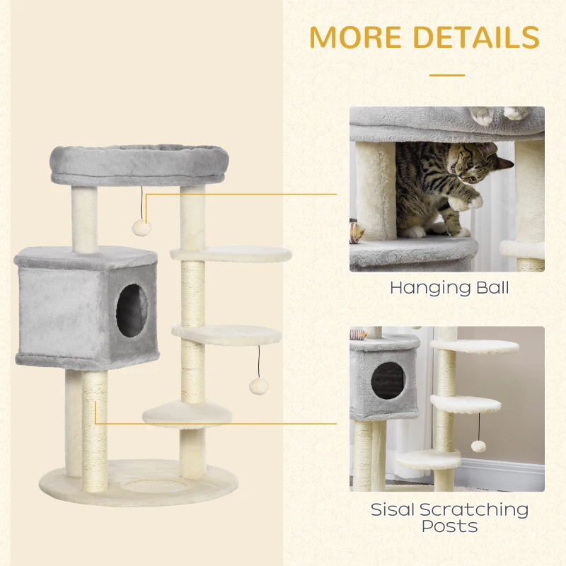 PawHut 37" Cat Tree for Indoor Cats, Cat Tower, Kitty Activity Center with Cat Bed Condo Hanging Ball Toys Sisal Rope Scratching Post, Light Grey