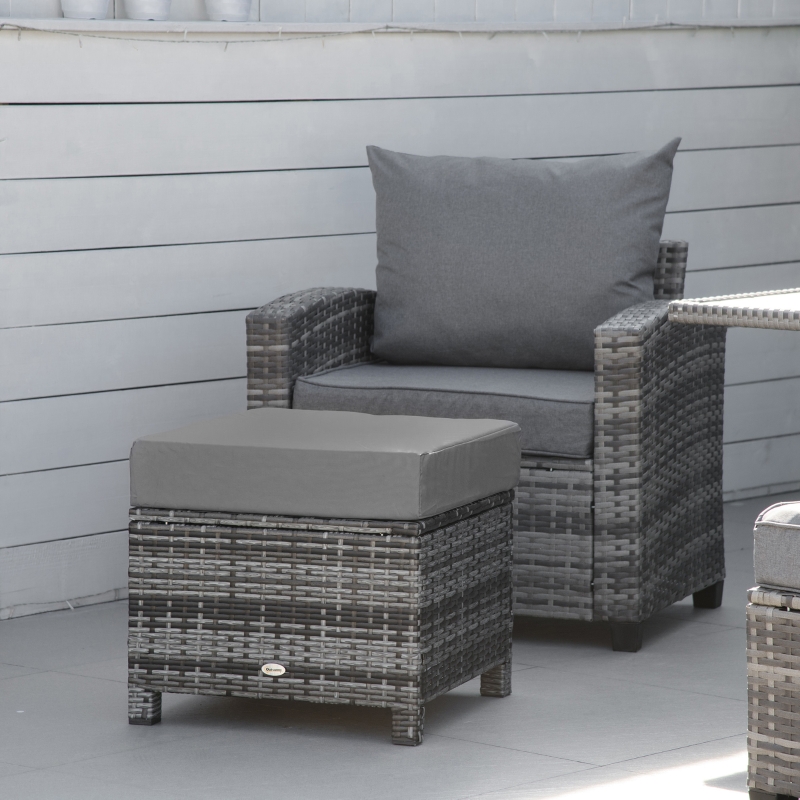 Outsunny Patio Rattan Ottoman, Outdoor Wicker Footrest with Soft Cushion, Metal Frame for Backyard, Garden, and Poolside, Grey