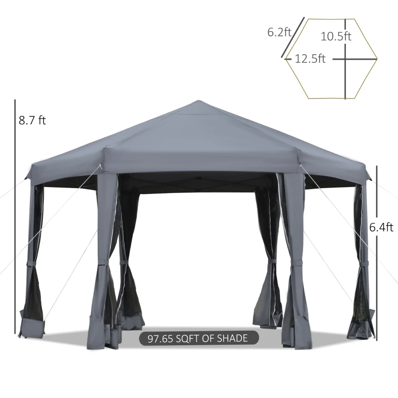 Outsunny 13' x 11' Hexagonal Pop Up Gazebo, Heavy Duty Outdoor Canopy Tent with 6 Mesh Sidewall Netting, 3-Level Adjustable Height and Strong Steel Frame, Gray