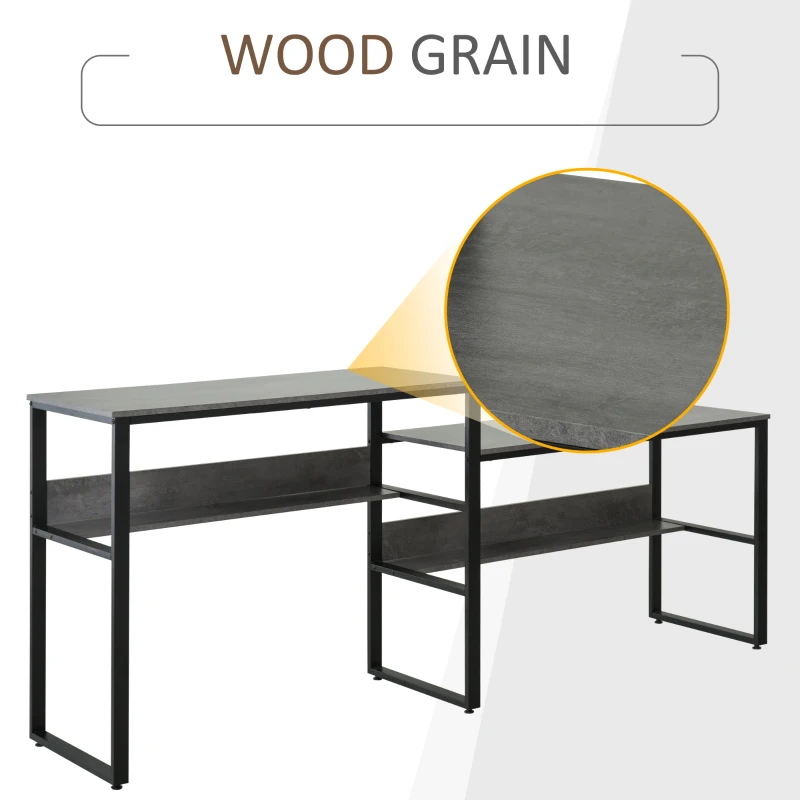 HOMCOM 86.5 Inch Two Person Desk Double Computer Table Writing Desk with Open Shelves Long Storage Workstation for Home Office Gray