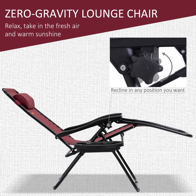 Outsunny Zero Gravity Chair Set of 2 Patio Chair with Side Table Cupholders and Pillows for Pool, Backyard, Lawn, Beach, Red