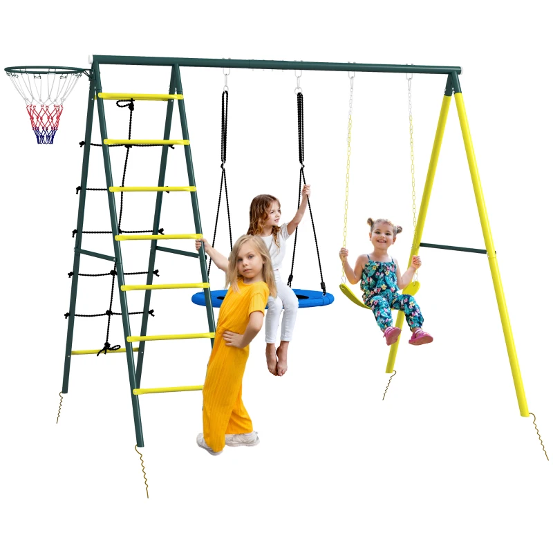 Outsunny 4 in 1 Swing Set for Kids with Saucer Swing, Seat, Climbing Ladder/Net, Basketball Hoop for 3-8 Years Old, Yellow
