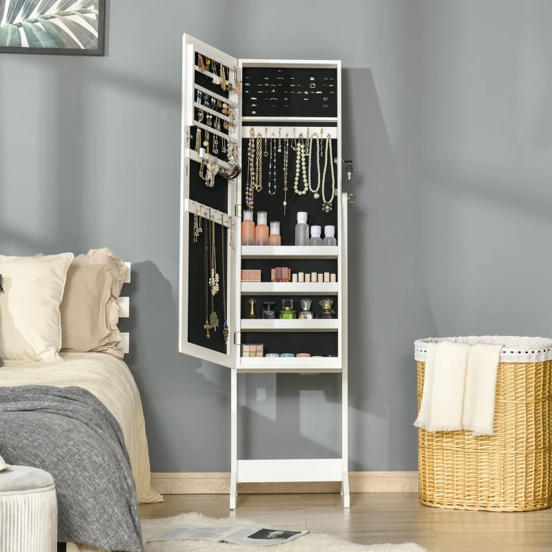 HOMCOM Mirror Jewelry Cabinet Armoire, Lockable Jewelry Organizer with Full-Length Mirror, 3 Angle Adjustable, White
