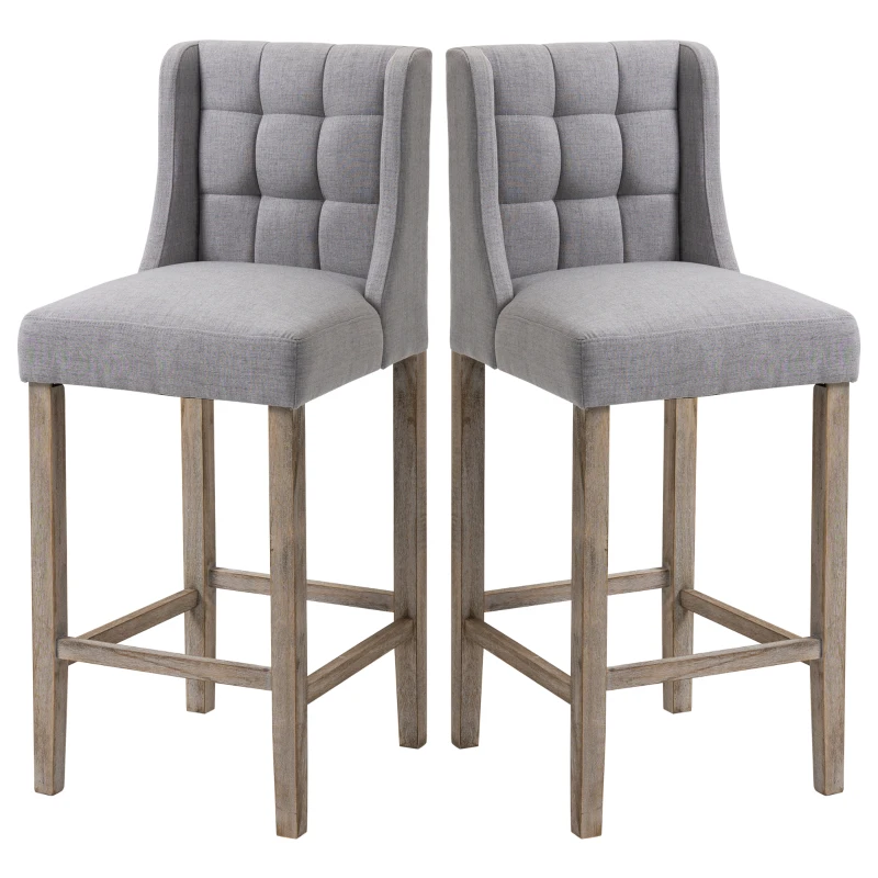 HOMCOM Modern Bar Stools, Tufted Upholstered Barstools, Pub Chairs with Back, Rubber Wood Legs for Kitchen, Dinning Room, Set of 2, Grey
