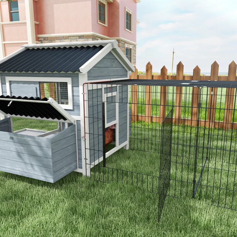 PawHut 11' x 5' x 3.5' Wooden Chicken Coop with Nesting Box, Run, Pull-out Tray, Perches for 2-4 Chickens, Dark Gray