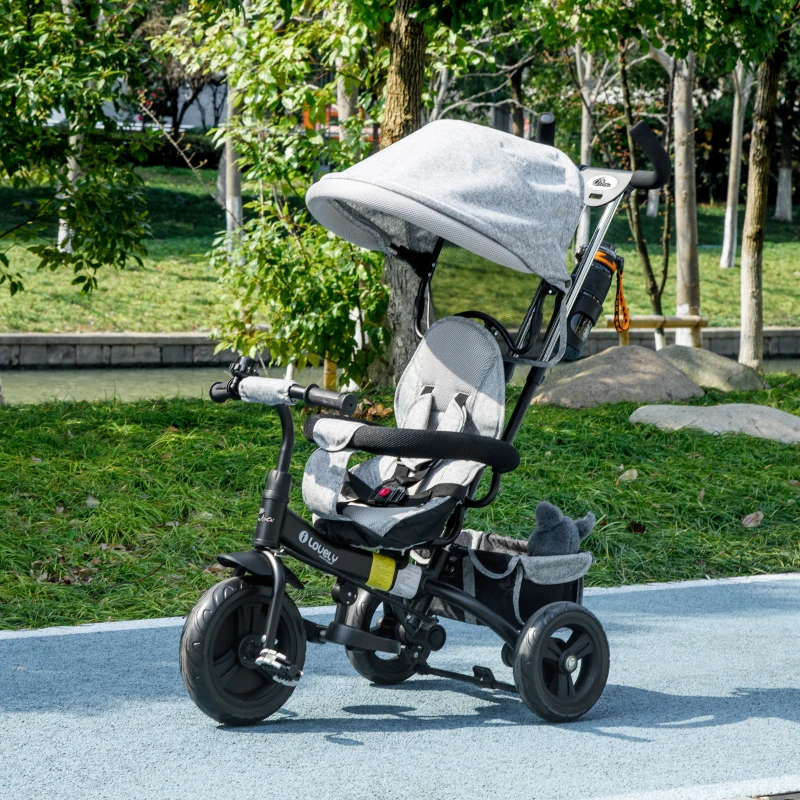 Qaba 6 in 1 Toddler Tricycle Stroller with Basket, Canopy, 5-point Safety Harness, for 12-60 Months, Grey