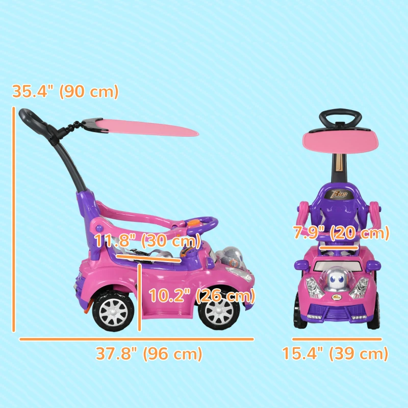 Qaba 3 in 1 Kids Push Car Toddler Sliding Car, Foot to Floor Design with Music, Light, Handle, Removable Canopy, Pink