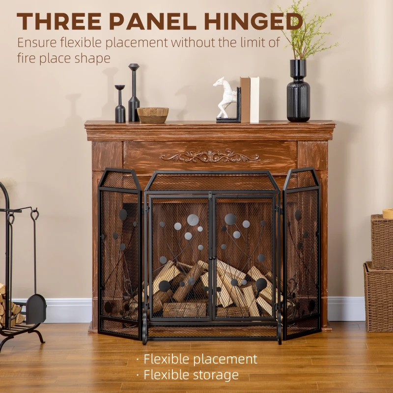 HOMCOM 3-Panel Metal Fireplace Mesh Screen Home Folded Steel Spark Protection with Magnetic Doors 49.25" x 31.5", Black