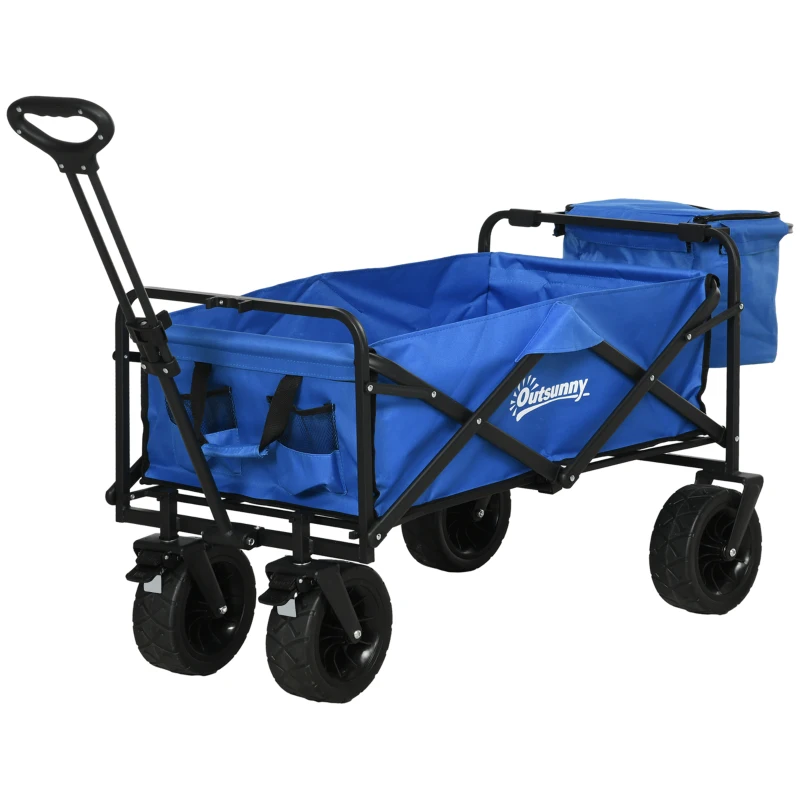 Outsunny Steel Frame Folding Garden Cart, Collapsible Wagon Cart with Cooler Bag, Telescopic Handle and Carrying Bag
