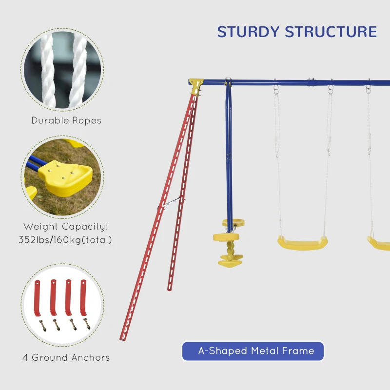 Outsunny Metal Swing Set with 2 Seats Glider A-Frame Stand Adjustable Hanging Rope for Backyard Playground Outdoor Playset for Kid Age 3-8 Years Old 352lbs