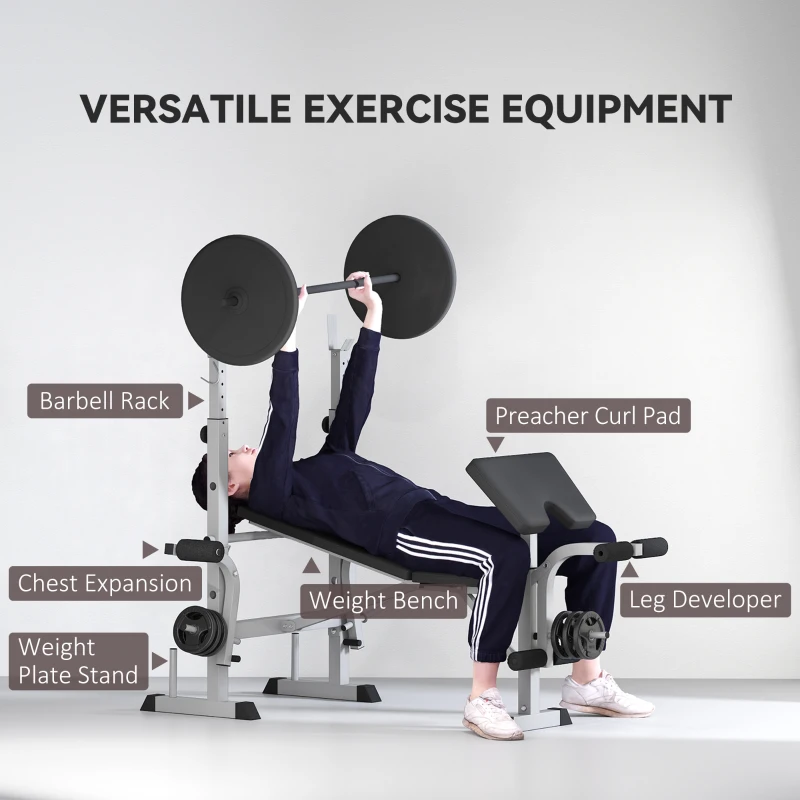 Soozier Bench Press Set Adjustable Weight Bench with Squat Rack, Preacher Curl Pad, Leg Developer and Weight Storage, Grey
