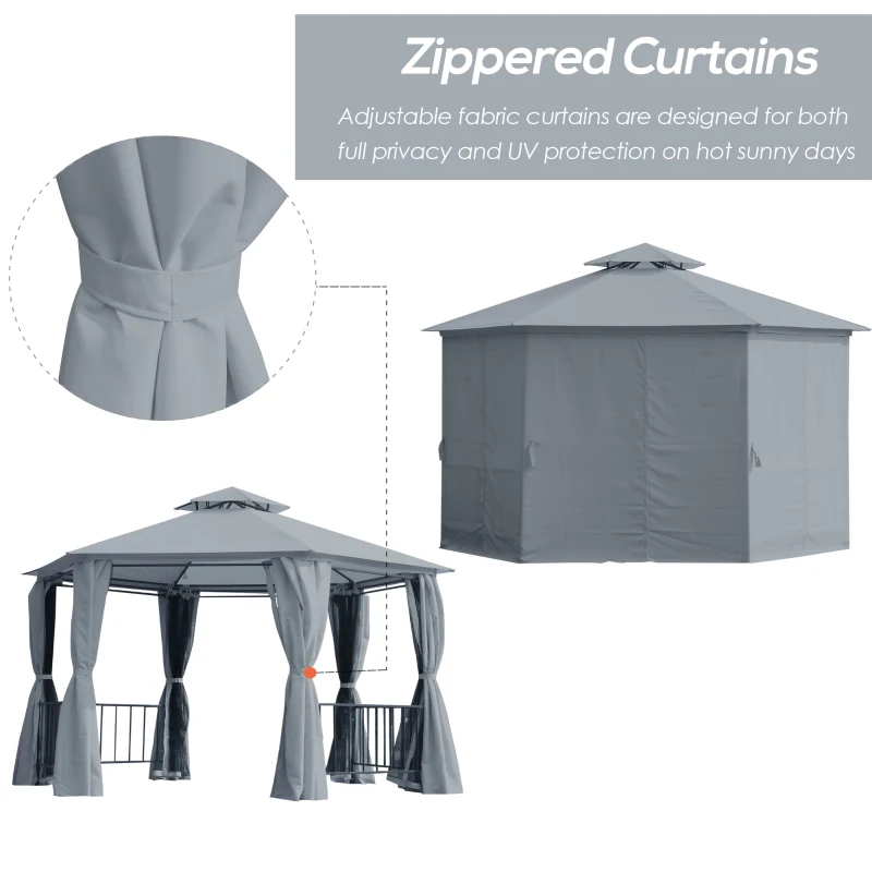 Outsunny 13ft Hexagon Gazebo Outdoor Canopy Shelter with Netting and Shaded Curtains Grey
