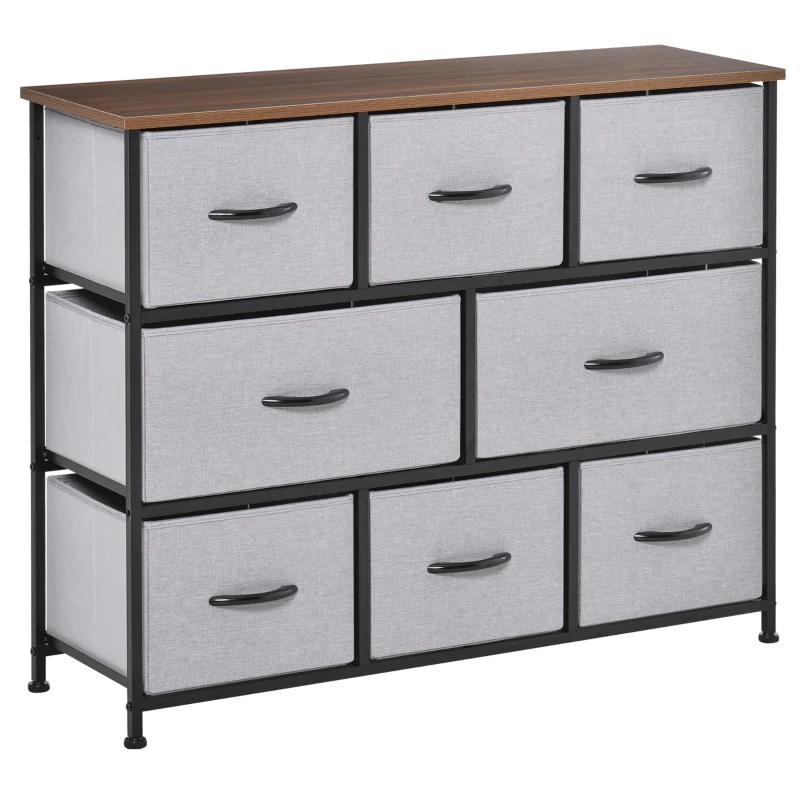 HOMCOM Dresser for Bedroom with 8 Drawers, 3-Tier Fabric Chest of Drawers, Tall Dresser Storage Tower with Steel Frame and Wooden Top for Closets, Nursery Room, Grey