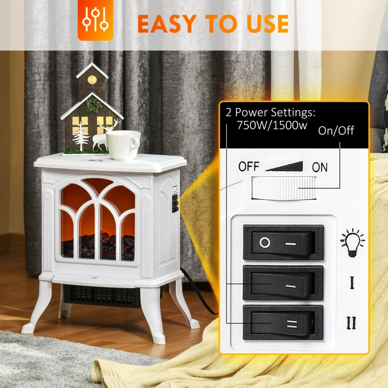 HOMCOM Electric Fireplace Heater, Freestanding Fireplace Stove with Realistic Logs and Flame Effect, 750W/1500W, White