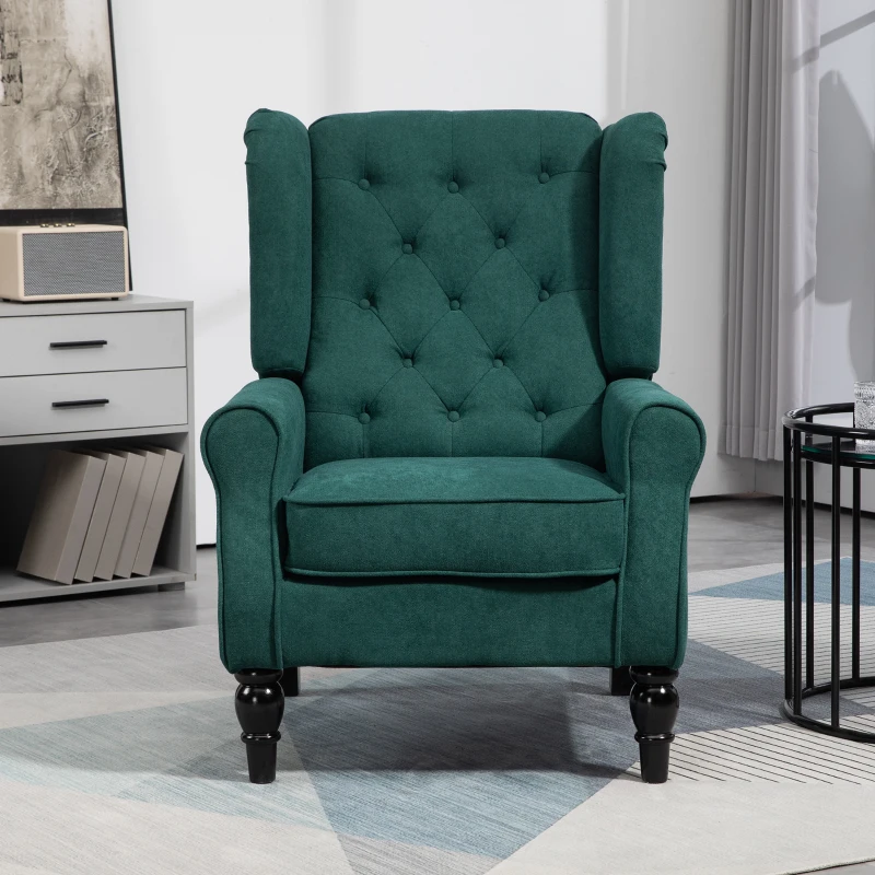 HOMCOM Fabric Accent Chair, Button Tufted Armchair, Armchair with Wood Legs, Thick Padding for Bedroom Dark Green