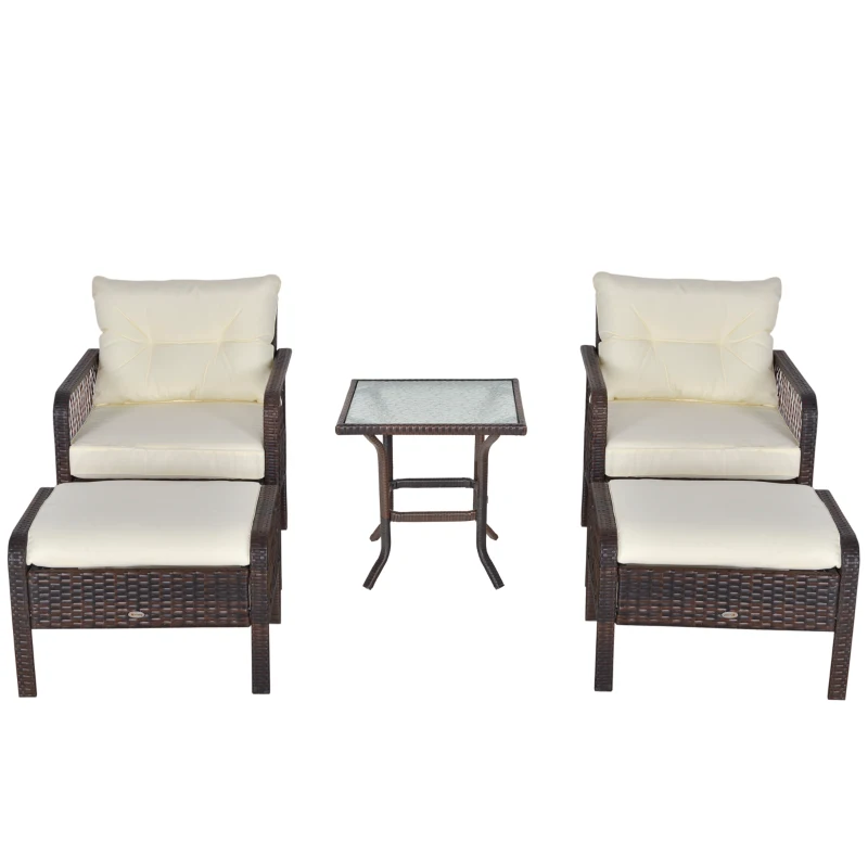 Outsunny 5-Piece PE Wicker Patio Furniture Set, Conversation Set with Outdoor Ottomans, Table & Chairs, Small Balcony Furniture for Apartments, Steel, Cream White