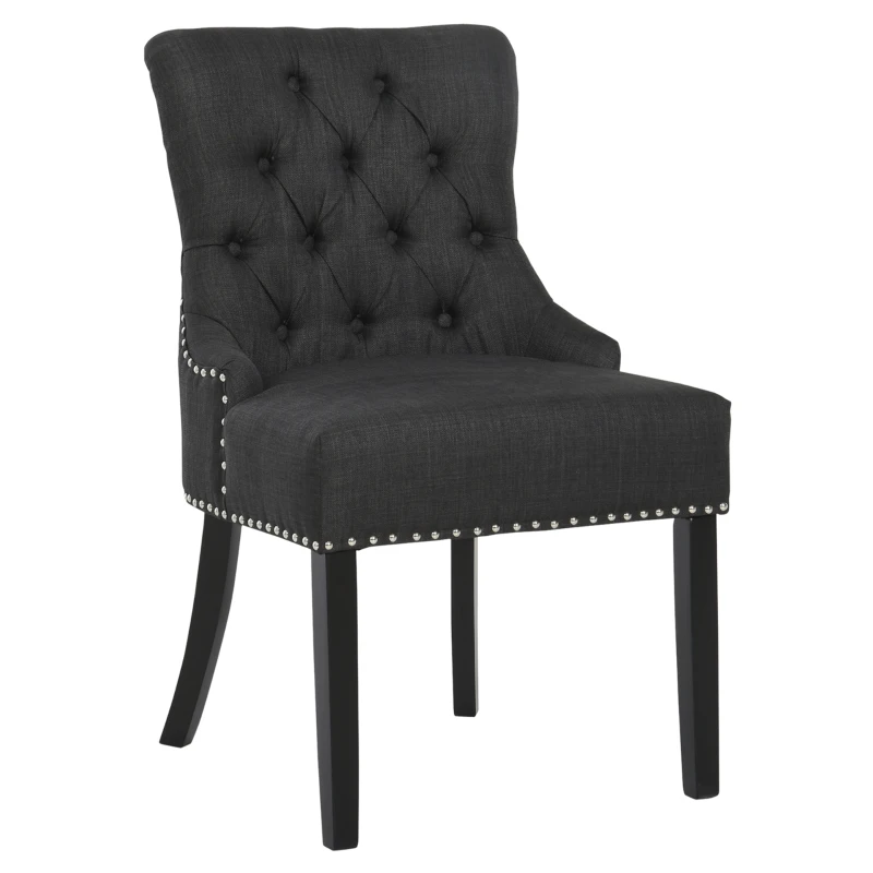 HOMCOM Swoop Air Linen Fabric Dining Chair with Nailhead Trim and Wood Legs, Dark Grey