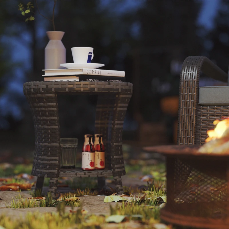 Outsunny 18" Wicker Outdoor Coffee Table, PE Rattan Patio Side Table with 2-Tier Storage, Composite Wood Top, Gray