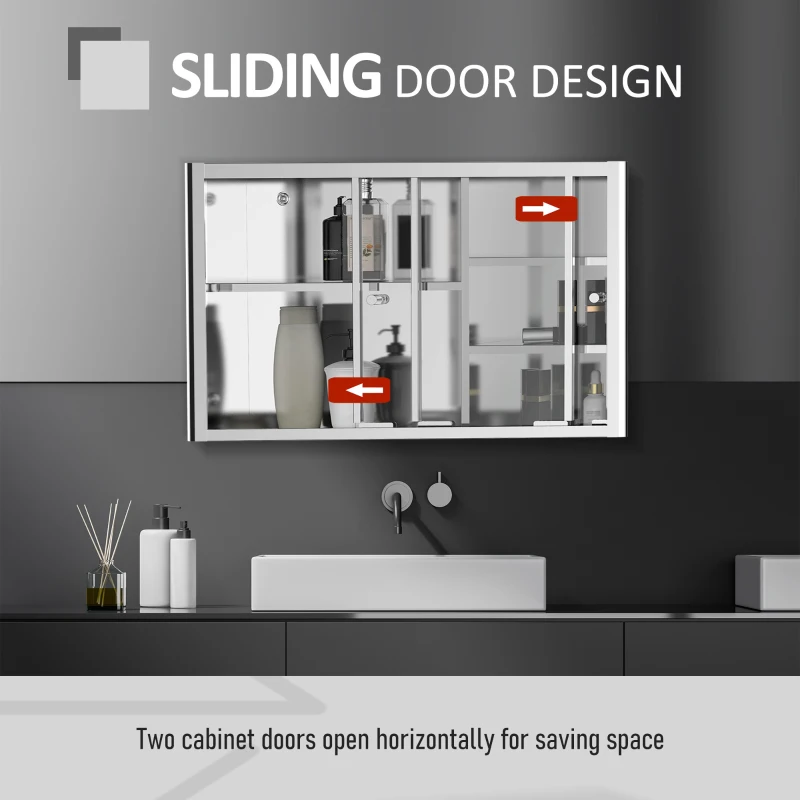 kleankin 24'' x 15'' Wall Mounted Bathroom Medicine Cabinet Sliding Door with Storage Shelves, Stainless Steel, Silver