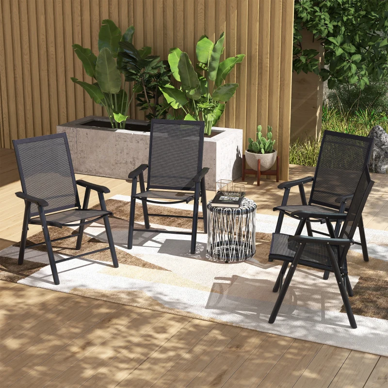 Outsunny Set of 4 Outdoor Folding Chairs, Stackable Patio Dining Chairs with Armrests, Metal Frame, Black