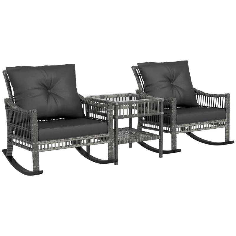 Outsunny 3 Pieces Outdoor PE Rattan Rocker Chair Set, Rocking Chair with Tempered Glass Table Top,25"x26"x28", Mixed Grey