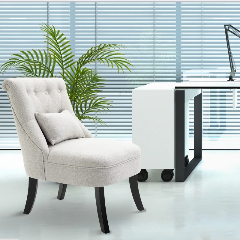 HOMCOM Small Button-Tufted Accent Chair Mid-Back Leisure Armchair with Upholstered Fabric, Solid Wood Legs, and Support Pillow, Beige