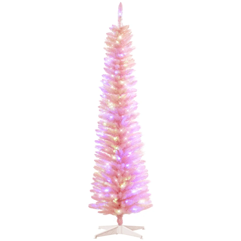 HOMCOM 7' Prelit Christmas Trees, Pencil Artificial Christmas Tree with Colorful Surface Branches, Colorful LED Lights, Pink