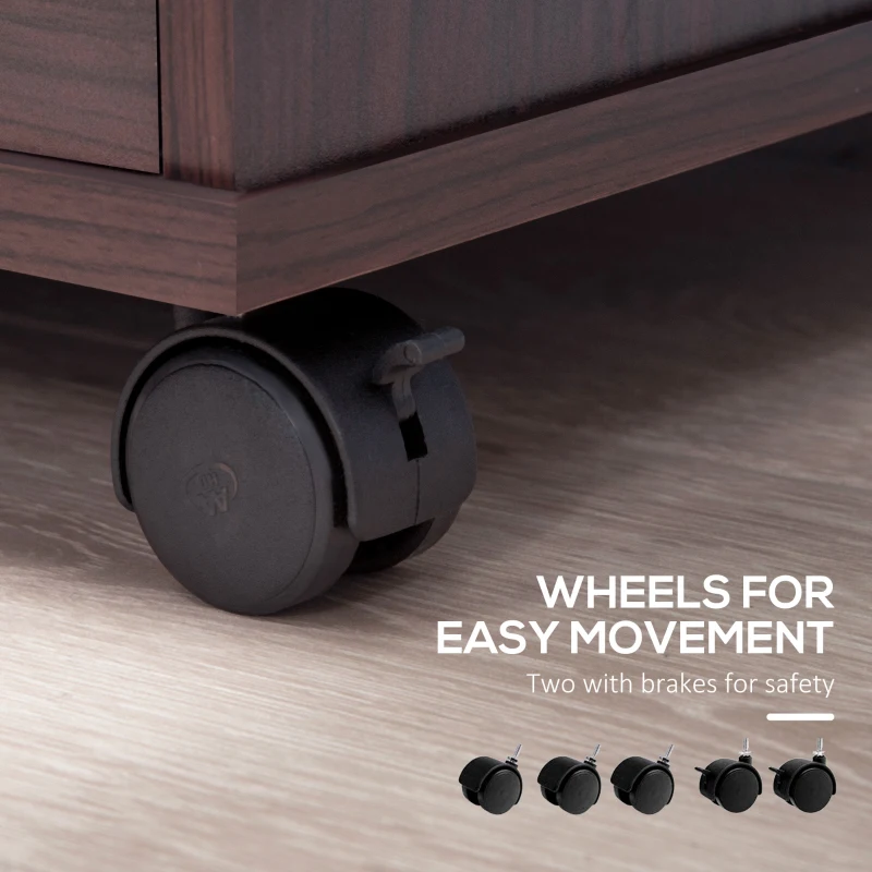 Vinsetto Lateral Filing Cabinet with Wheels, Locking File Cabinet, Mobile Printer Stand with Open Shelves and Drawers for A4 Size Documents, Walnut