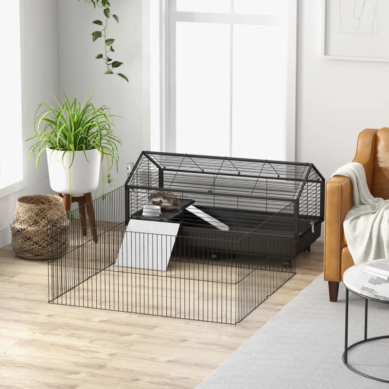 PawHut Metal Small Animal Cage, Rabbit Cage for Guinea Pig, Chinchilla, Hedgehog, Bunny with Removable Wheels and Foldable Detachable Run Fence 47.2" L x 66.9" W x 24.4"H