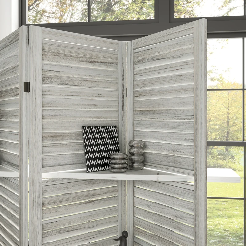 HOMCOM 4 Panel 67" Tall Wood Privacy Screen Room Divider with 3 Shelves and Folding Storage for Bedroom, Distressed White