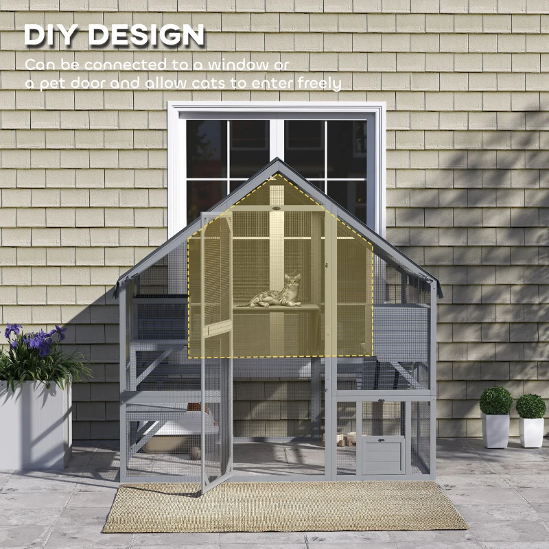 PawHut Large Catio Outdoor with Waterproof Cover, 2 Resting Boxes, 4 Platforms, Bridge, for 2-4 Kittens, Grey