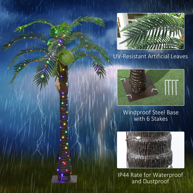 Outsunny 5' Artificial Light Up Palm Tree Lighted Tropical Fake Tree with Remote 200 Lights 3 Coconuts for Outdoor Indoor Green