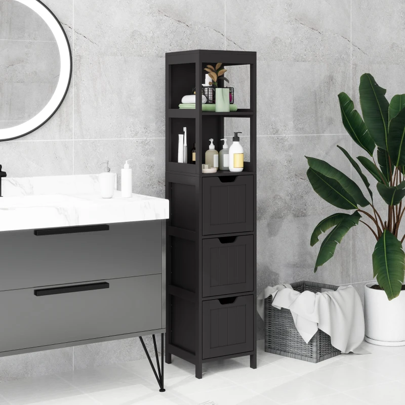 kleankin Narrow Bathroom Cabinet with 3 Drawers and 2 Tier Shelf, Tall Cupboard Freestanding Linen Tower, Black