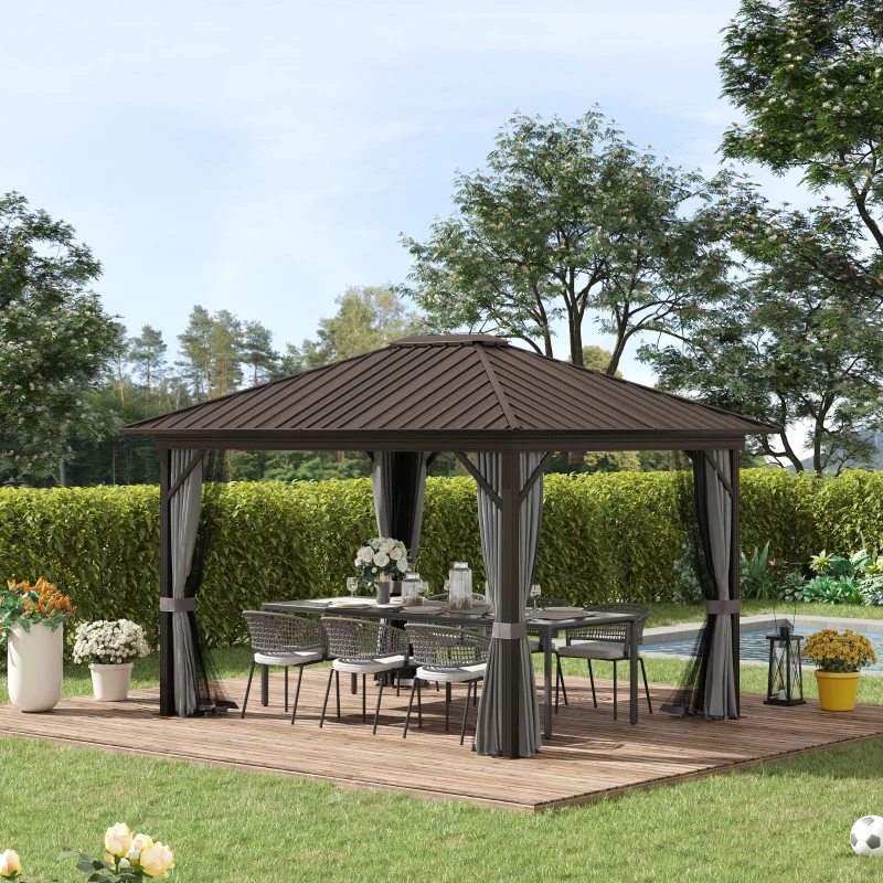 Outsunny 10' x 12' Hardtop Gazebo with Curtains and Netting, Permanent Pavilion Metal Single Roof Gazebo Canopy with Aluminum Frame and Hooks, for Garden, Patio, Backyard, Gray