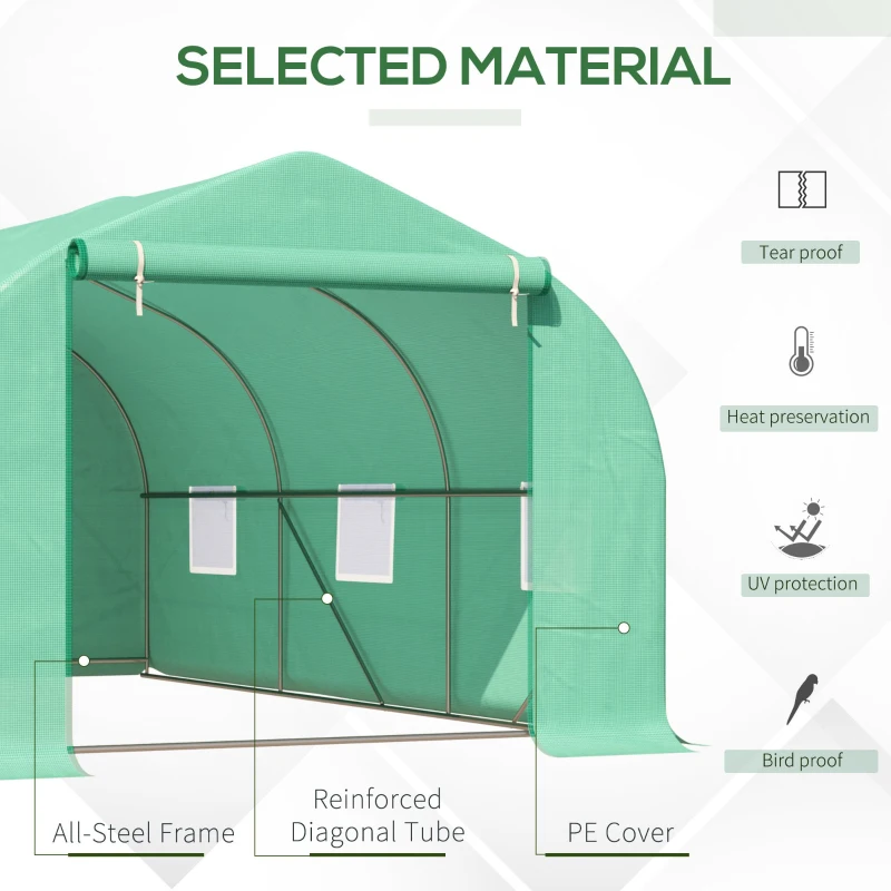 Outsunny 15' x 10' x 7' Walk-in Greenhouse Outdoor Plant Tunnel Warm Hot House w/ Roll Up Door and 6 Mesh Windows, Steel Frame, Green