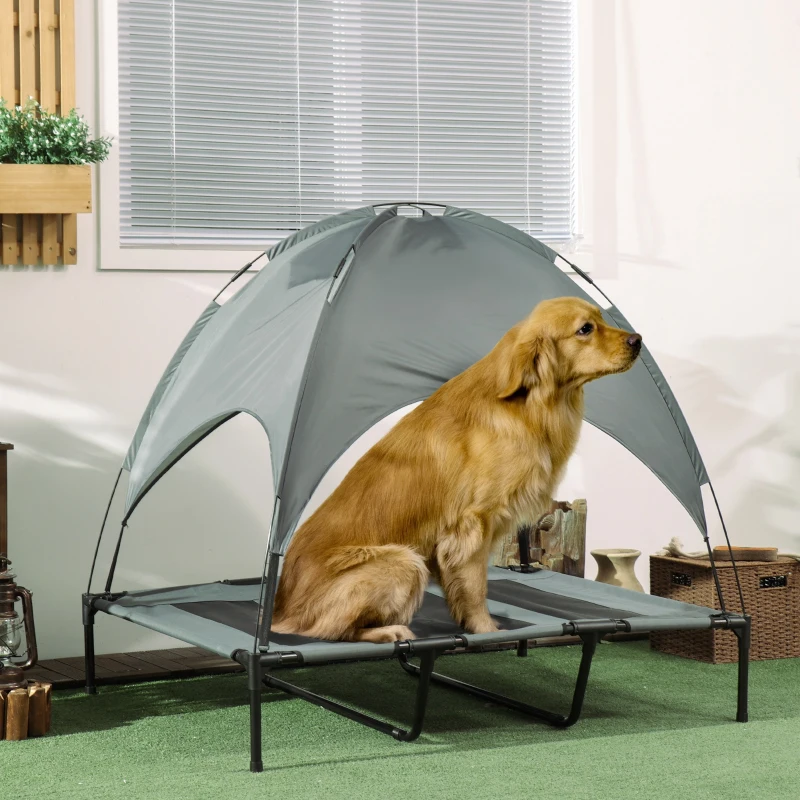PawHut Elevated Dog Bed with Canopy, Portable Raised Dog Cot for XL Sized Dogs, Indoor & Outdoor, 48" x 36" x 43", Grey