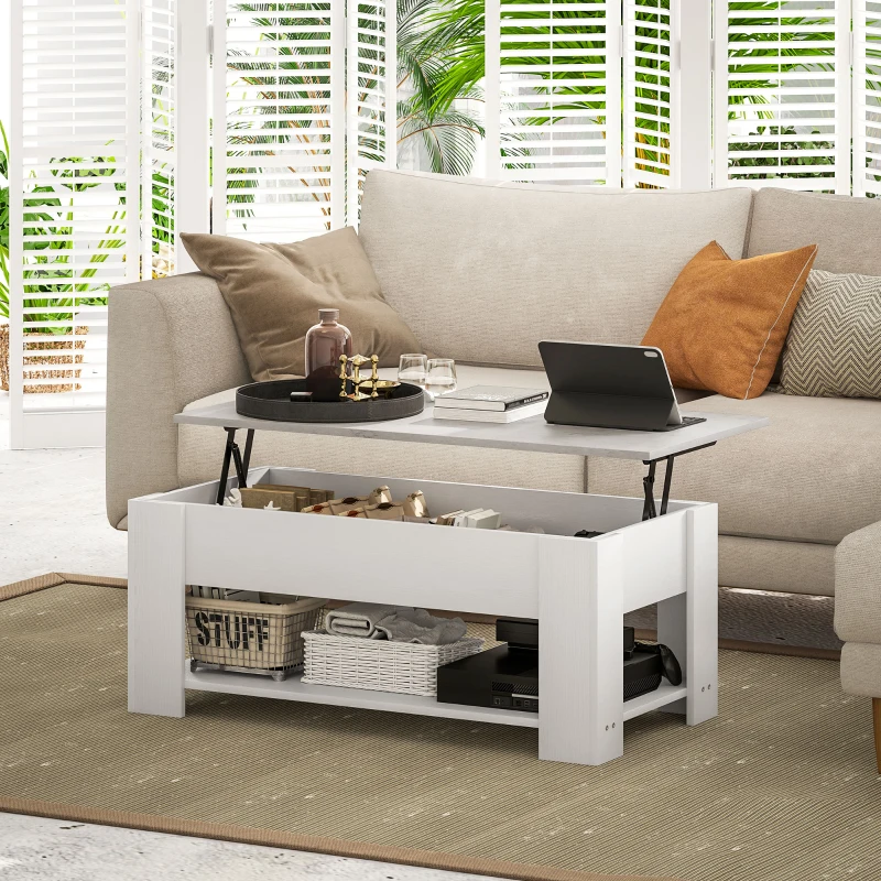 HOMCOM Lift Top Coffee Table with Hidden Storage Compartment and Open Shelf, Center Table for Living Room, White
