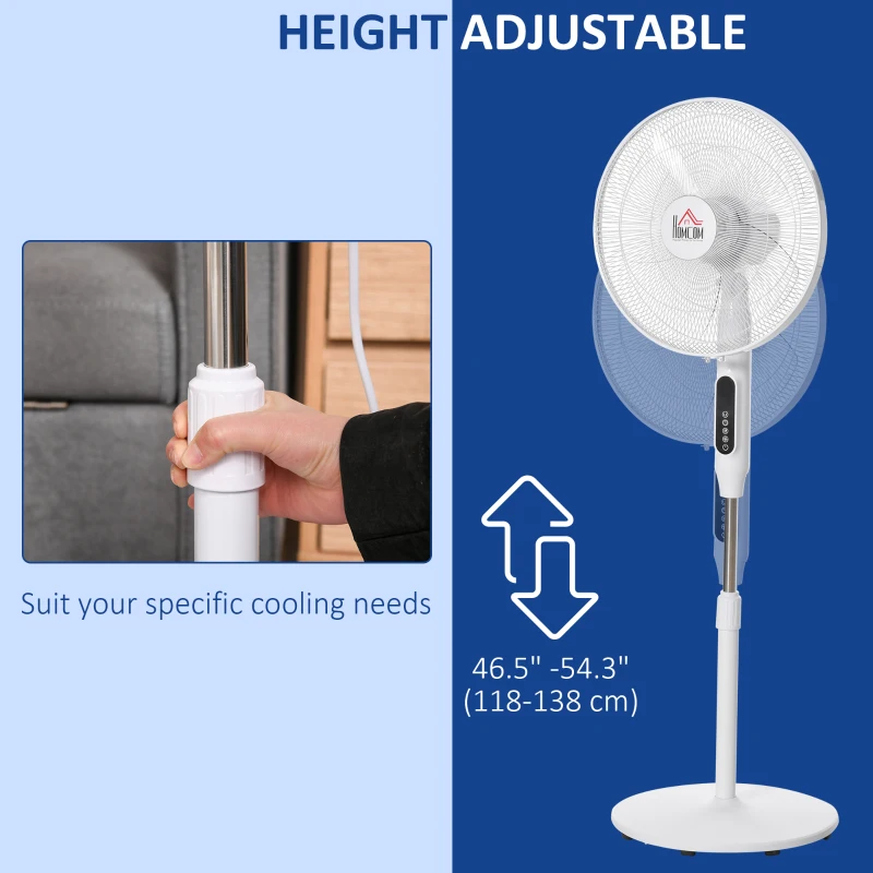 HOMCOM Standing Floor Fan with Remote Control, Stand Up Cooling Fan, Tall Pedestal Electric Fan for Home Bedroom, White