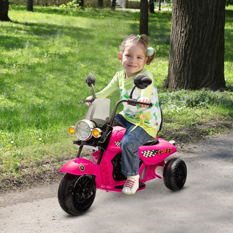 Qaba 6V 3 Wheel Electric Motorcycle for Kids, Battery Powered Motorbike w/ Headlights, Music, Forward & Reverse, Pink
