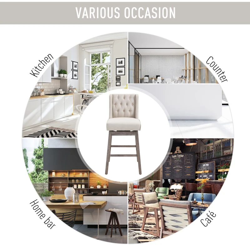 HOMCOM Bar Height Bar Stools Set of 2, 180 Degree Swivel Barstools with Solid Wood Footrests and Button Tufted Design, 30" Seat Height Bar Chairs for Kitchen Island, Beige