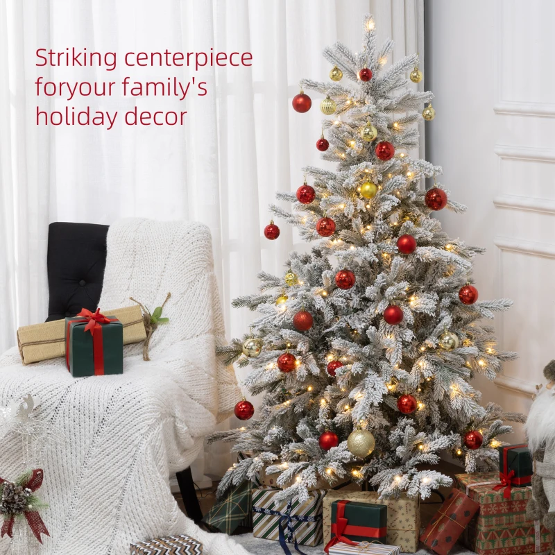 HOMCOM 5ft Artificial Prelit Christmas Tree with Warm White LED Light and Snow Flocked Branches, Metal Base