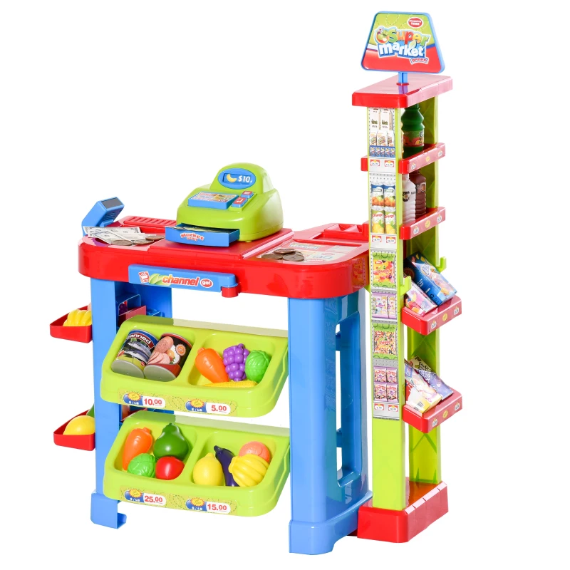Qaba Supermarket Playset Cash Register Toy for Kids, 50 Pcs Grocery Store Pretend Play Toy with Food, Check-Out Counter, Scanner, Shelves, Gift for Boys Girls Age 3 4 5 6