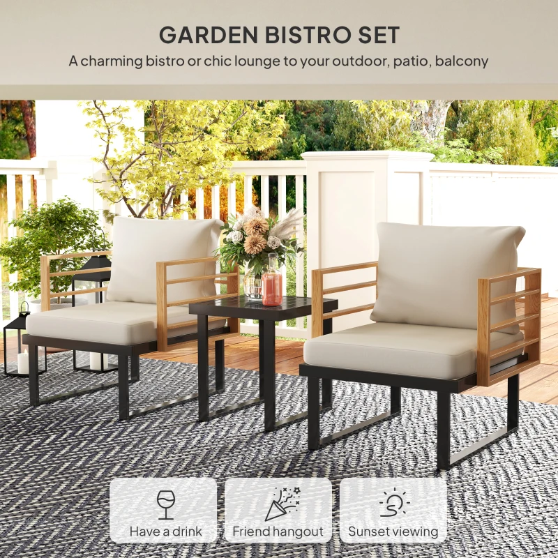 Outsunny 3 Piece Metal Bistro Set, Small Patio Furniture Set with Cushions, Armchairs, Slatted Table for Backyard Balcony, Beige
