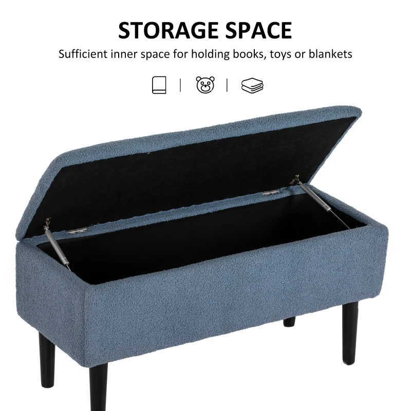 HOMCOM Modern Storage Bench, Ottoman with Storage and Teddy Velvet Upholstery for Living Room, Bedroom, Blue