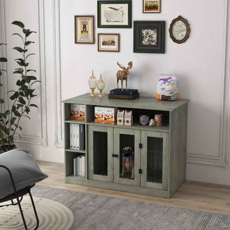 PawHut 47" Dog Crate Furniture with Storage, for Large Medium Dogs, Gray