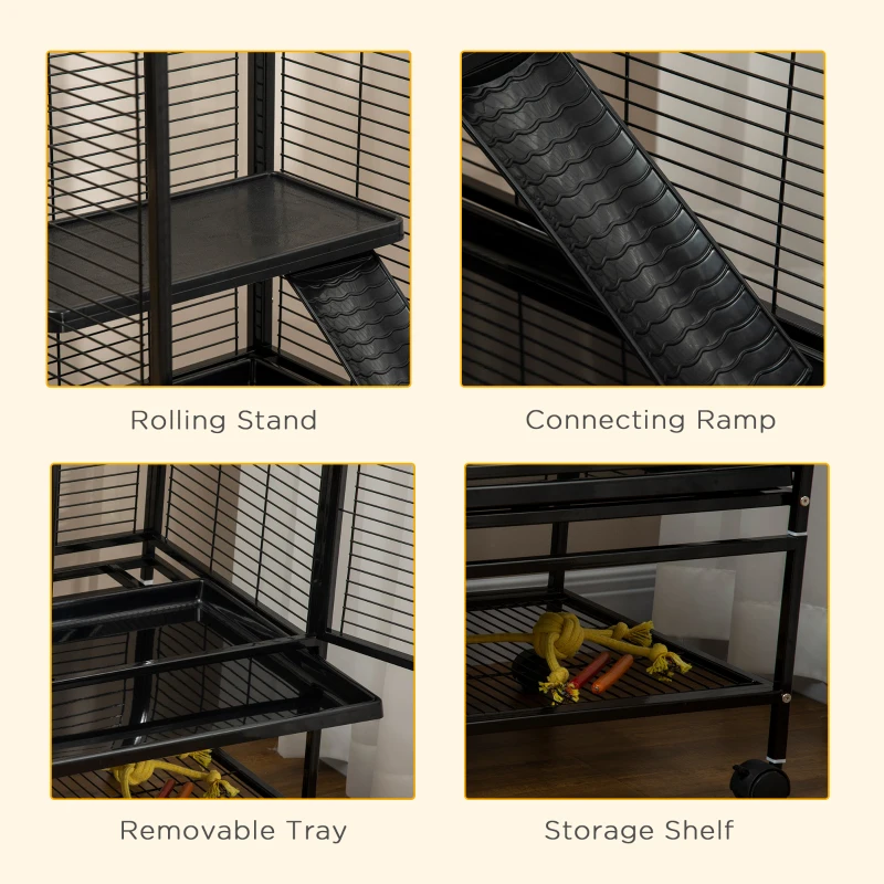 PawHut Guinea Pig Cage with Tray, Small Animal Habitat, Metal Wire Chinchilla Cage, Hedgehog Cage, Pet Ferret Cage with Wheels & Storage Shelf, Little Critter Cage