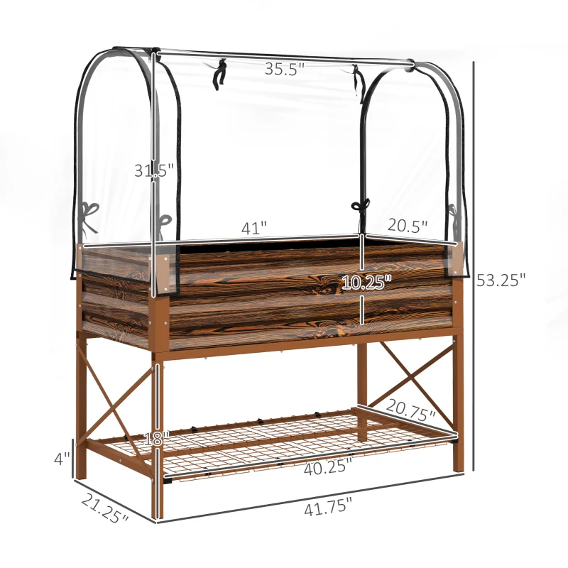 Outsunny Raised Garden Bed with Legs and Cover, Metal Elevated Planter Box with Bottom Shelf and Liner for Vegetables, Brown