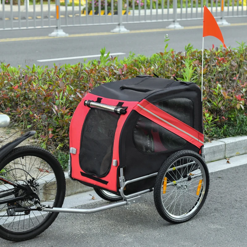 Aosom Dog Bike Trailer, Pet Wagon Bicycle Trailer with Easy Folding Cart Frame, 20" Large Rubber Wheels, 3 Entrances, Mesh Screen, Pet Bike Trailer for Off-Road & Travel, Red and Black(m-10)